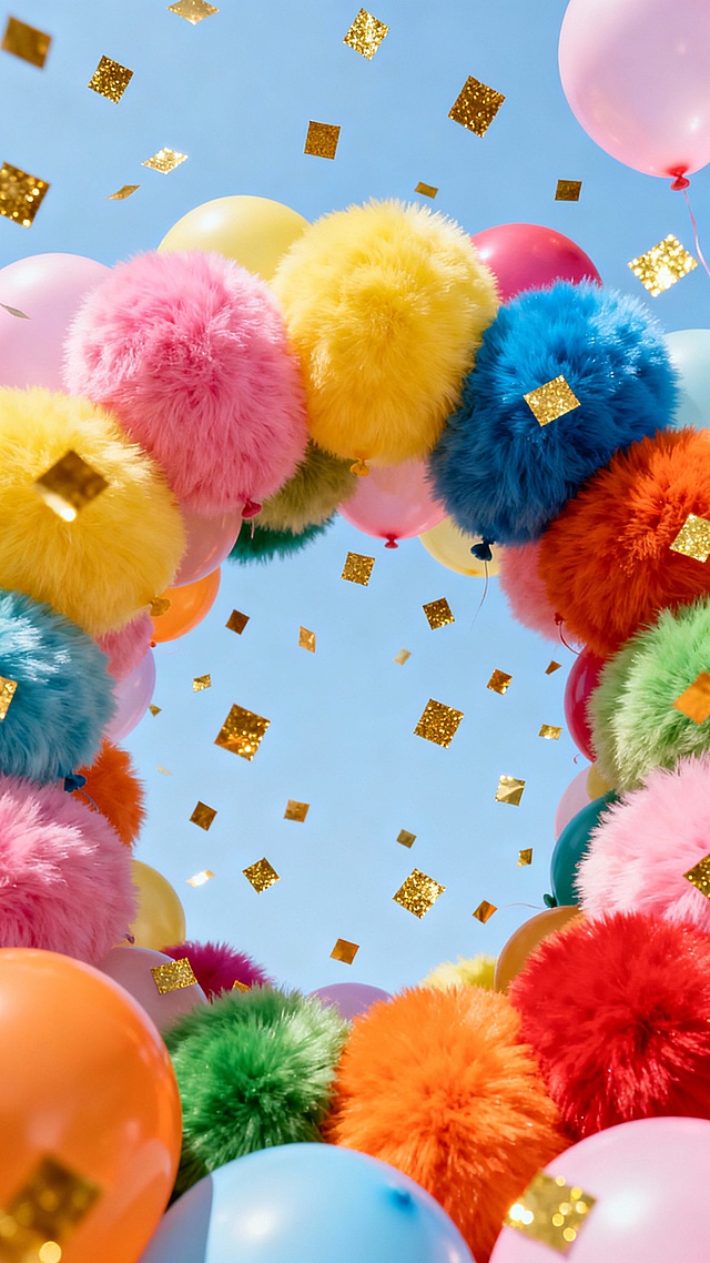 大量色彩鲜艳的毛绒质感气球，包括粉色、黄色、蓝色、绿色、橙色、红色等多种明亮饱和色调，气球表面有柔软的绒毛纹理和轻微的光影渐变，无数金色闪光的方形亮片从空中飘落，背景为纯净的浅蓝色，整体画面充满欢快、喜庆、热闹的氛围，构图饱满，视角从下往上仰视，气球紧密围绕形成圆形视觉焦点，无任何文字元素。