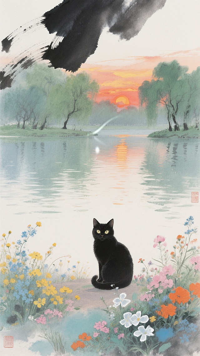 水墨风的梦幻场景，黑猫静坐花丛，湖面倒映夕阳，清新文艺，如诗如画。