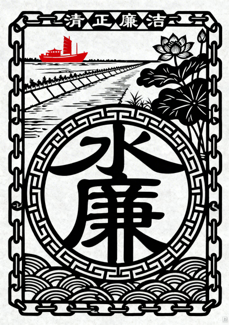 第一幅：开篇立意，水利廉洁主题A4竖幅剪纸底稿，外方内圆中心对称，外层边框水纹锁链，顶部清正廉洁文字，前景篆书水字嵌入廉字，远景黄河大堤，左上角红船剪影，右上角荷花，北方剪纸，阳刻为主阴刻为辅，单色线预览效果