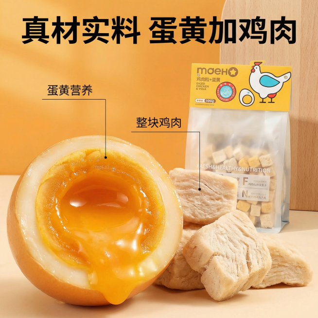 [主图 2] 核心卖点展示图
[氛围风格] 真实专业，突出品质感，食欲感满满
[画面元素] 商业摄影质感，光线柔和通透，产品清晰真实，画面干净高级。特写展示鸡肉块和冻干蛋黄的横截面，蛋黄流心质感明显，预览效果