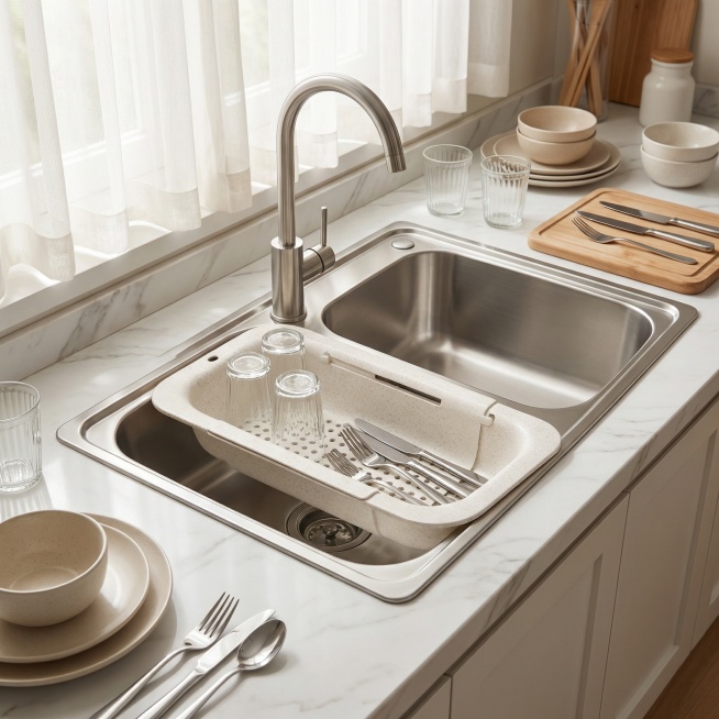 你是资深电商视觉设计师，请生成4张【电商主图】风格的产品图，用于电商详情页/投放素材。这是一张小麦秸秆材质的【米白色沥水篮】的照片，要求不改变这款【米白色沥水篮】的产品主体和样式细节，我想要用此沥水预览效果