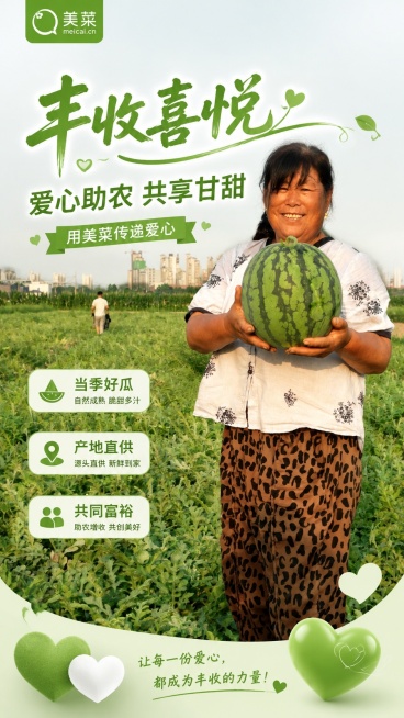 写实温暖公益海报，主标题：丰收喜悦，副标题：爱心助农 共享甘甜，装饰文案：用美菜传递爱心，卖点标签：当季好瓜、产地直供、共同富裕，画面主体使用图4女农户在田间抱西瓜的实景，保留人物笑容和西瓜原貌，背景预览效果