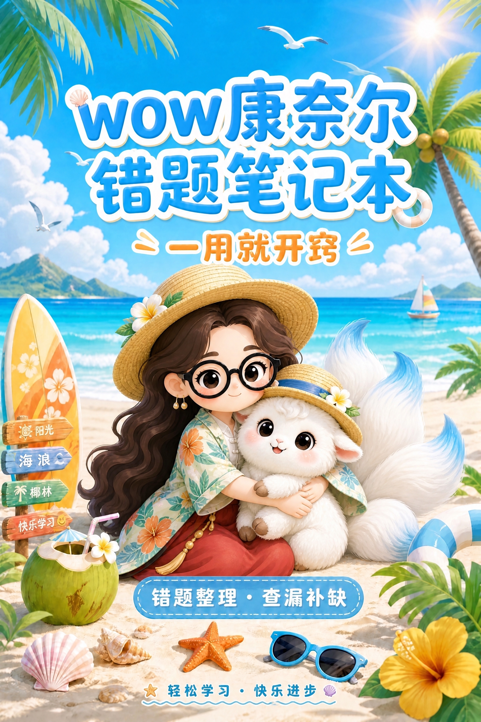 保持原图的海岛沙滩背景、椰树、海鸥、帆船、冲浪板、椰子、贝壳、… - 图片创意预览