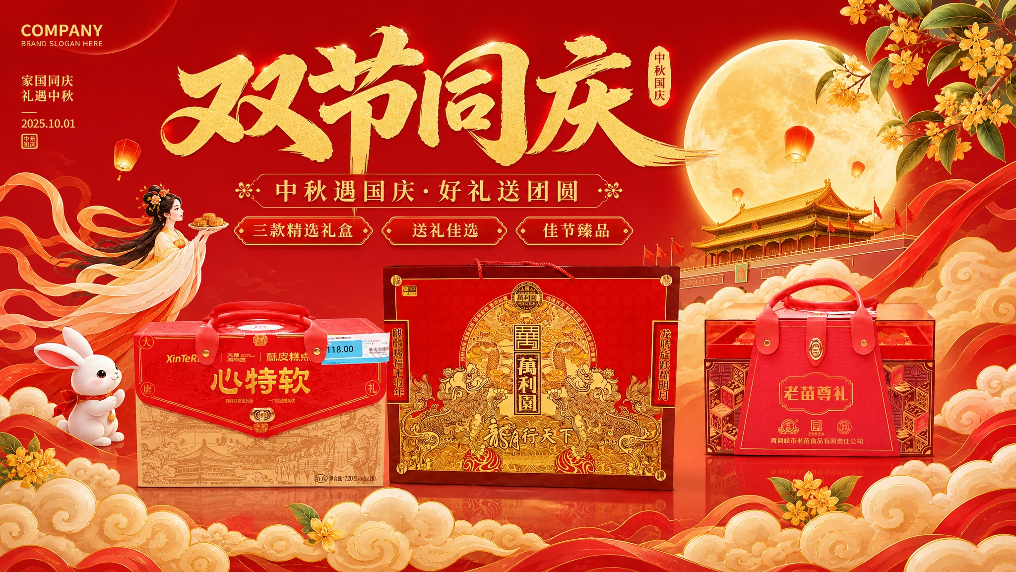 参考第二张图的红色背景+金色文字的中秋国庆主题风格，重新制作第… - 图片创意预览