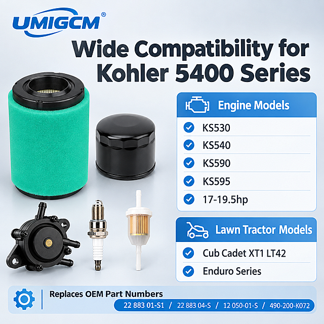[主图-3] 主题：广泛兼容性与适配型号展示，证明本套件适配Kohler 5400系列发动机和Cub Cadet割草机型号。
[统一基调] 跨境Amazon工业风，浅灰渐变背景+冷蓝品牌辅助色，主标题白色粗体无衬线字，辅助文字深灰，强调色用UMIGCM品牌蓝，卡片圆角轻薄，图标线性简洁，整体克制专业，无中文。
[画面] 画面左侧展示空气滤清器+机油滤清器两件核心配件主体（保持原图外观），右侧为兼容性矩阵信息图，用简洁的图标+文字列出适配型号。上方大标题：Wide Compatibility for Kohler 5400 Series。矩阵分两栏：第一栏Engine Models下列出KS530、KS540、KS590、KS595、17-19.5hp；第二栏Lawn Tractor Models下列出Cub Cadet XT1 LT42、Enduro Series。每个型号前配小型勾选图标。底部补充OEM编号对照：Replaces OEM Part Numbers — 22 883 01-S1 / 22 883 04-S / 12 050-01-S / 490-200-K072。左上角UMIGCM品牌Logo。产品占画面约45%，信息区占右侧约50%。
[光影质感] 商业产品摄影质感，柔和均匀布光，产品精修无瑕疵，左侧产品下方有自然接触阴影，与背景融合自然，不悬浮。
[配色] 背景浅灰渐变，标题深灰，型号文字中灰，勾选图标和OEM编号用冷蓝强调色，整体统一冷色调。
[文字版式] 全部英文无衬线字体，标题粗体大号，型号文字中等字号，OEM编号小号放在底部信息条内，文字横排，左对齐为主，不遮挡产品。
[输出要求] 1:1比例2048x2048，产品清晰，文字清晰可读，信息排版整齐，无变形、错字、模糊、水印、平台Logo。禁止中文、最高级词、促销语。