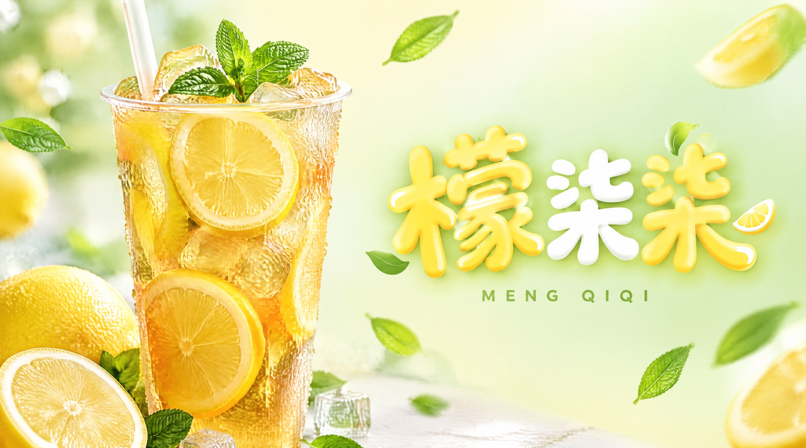 茶饮店店招设计，店名"檬柒柒"，清新柠檬黄与白色为主色调，画面… - 图片创意预览