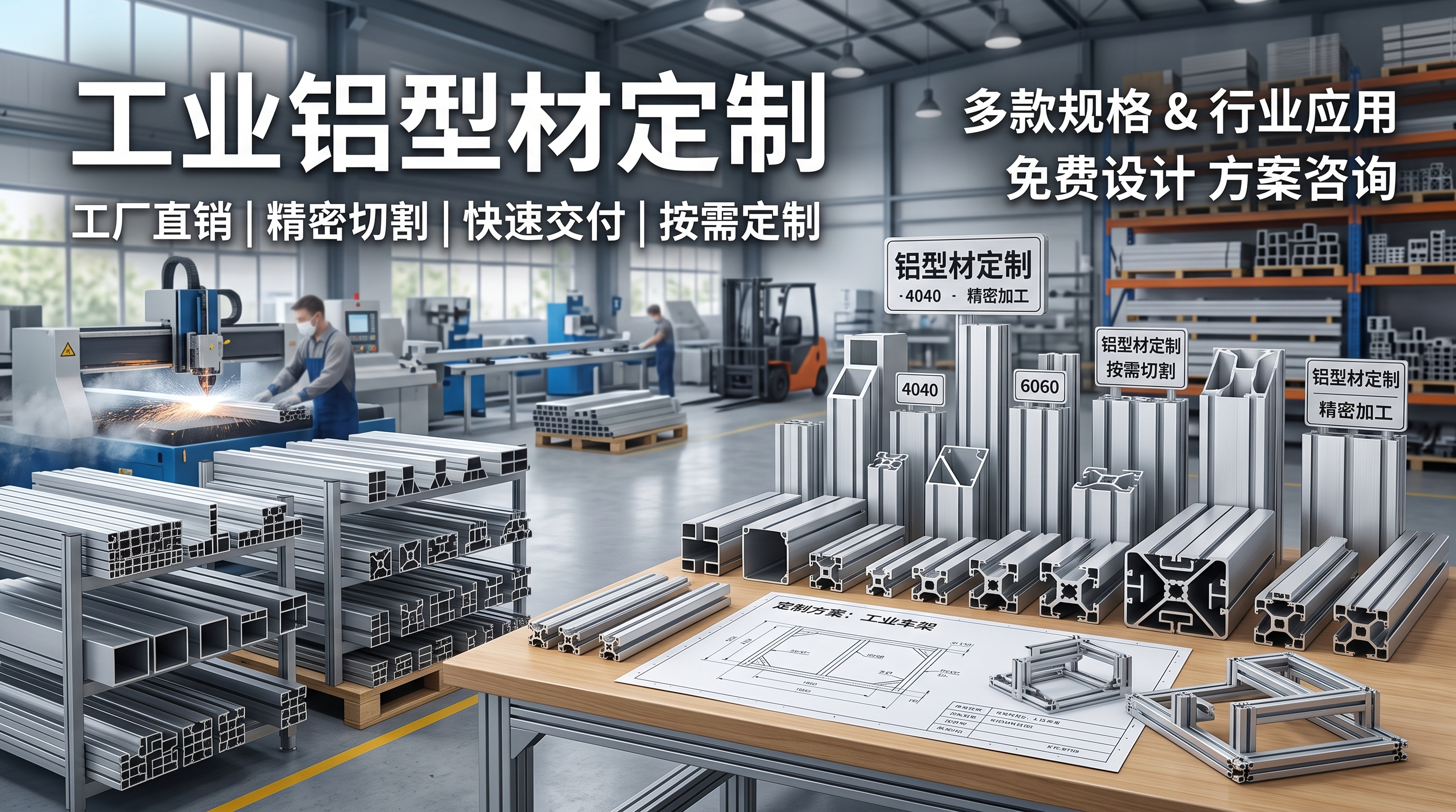铝型材定制主图，展示工业铝型材产品，风格简洁专业，适合百家号平… - 图片创意预览