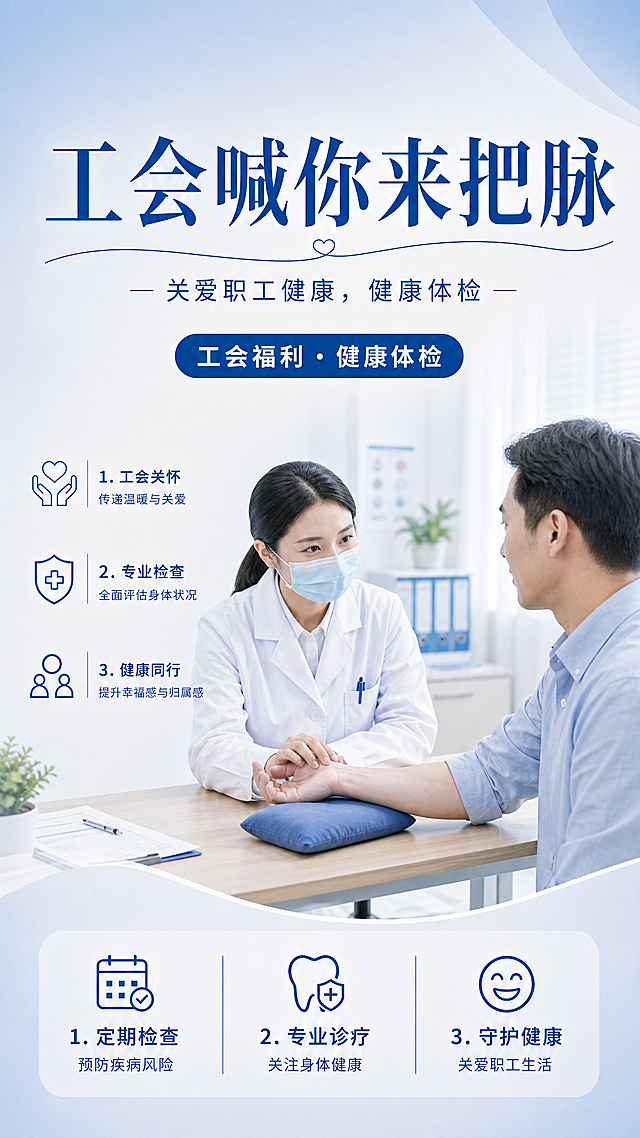 参考这张海报版式，将主标题修改为"工会喊你来把脉"，副标题改为"关爱职工健康，健康体检", 保持蓝色简约医疗健康风格，医生为职工进行把脉诊断，保留整体布局和图标设计风格