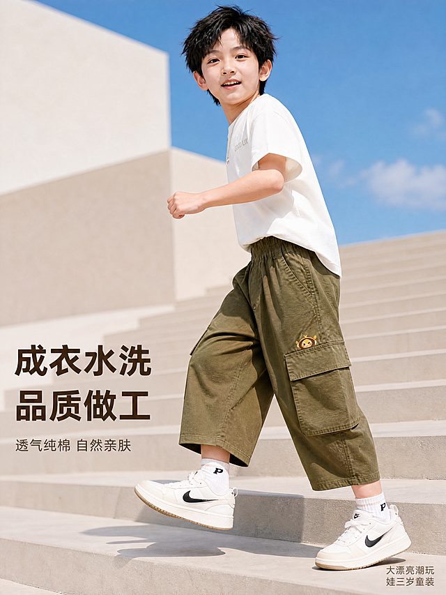 [主图-2] 男童纯棉七分裤楼梯行走侧面穿搭展示，大牌服装风，现代极简户外场景；商业摄影质感，大牌高级感，光线柔和通透，产品清晰真实，画面干净高级，人物面部清晰，文字清晰，无AI感；同一位男童模特穿着军绿色纯棉七分裤，搭配白色简约短袖T恤和白色休闲运动鞋，保持裤子颜色、版型、口袋位置以及卡通猴子印花和参考图一致，保持人物相貌特征和参考图一致，杜绝任何变形和色差，精细化处理，在裤子口袋位置保留提供的卡通猴子印花图案；模特向上走楼梯，动作自然有动感；商品主体占比严格控制在 60%-80% 之间，画面满屏无边框；右下角角落添加不遮挡裤子的“大漂亮潮玩 娃三岁童装”水印，保证美观；浅米色石材楼梯晴天背景，简洁高级；光影：晴天侧光，光线明亮柔和，轮廓清晰；配色：主色军绿色，辅色白色上衣石材浅米色，干净简洁；视角构图：中景平视，模特下半身全身展示，浅景深突出裤子；文字版式：左下角负空间左对齐，大字文案“成衣水洗 品质做工”，粗体深棕色清晰可读，小字卖点“透气纯棉 自然亲肤”字号缩小一半；3:4 比例，4k 分辨率，文字清晰锐利，超高清；负向提示词：变形，文字错乱，产品图模糊，背景杂乱，遮挡主体，AI感，模糊。