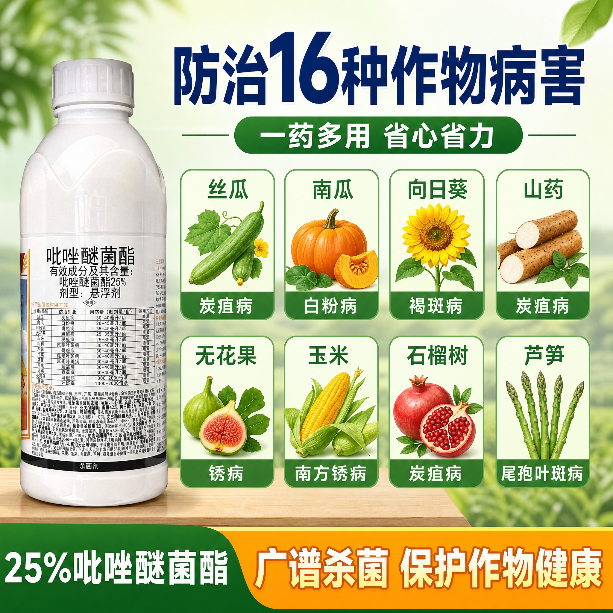 [主图-2] 25%吡唑醚菌酯防治对象展示图，突出适用16种作… - 图片创意预览