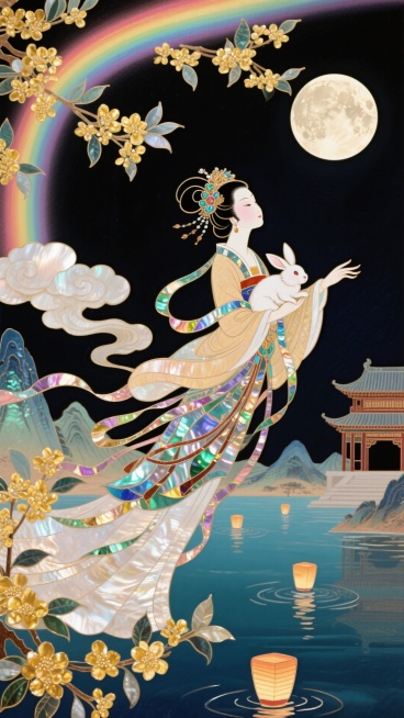 中式风格，嫦娥身穿广袖齐腰裙抱着玉兔，回头望着河面，飞往天上的月亮，衣摆飘逸，周围环绕着祥云和盛开的金色桂花，水面飘着河灯，背景有山脉楼台，深色幻彩背景，仰拍视角预览效果