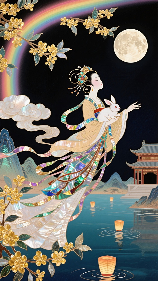 梦幻唯美的中式插画，融合工笔与刺绣质感，嫦娥怀抱玉兔，彩带飘逸，月夜彩虹映衬古典建筑与河灯，展现中秋超现实意境。