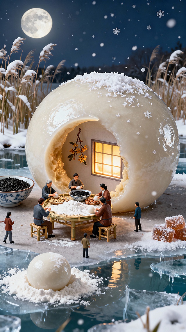 微缩艺术风雪夜月圆，粘土质感的汤圆屋内暖光盈盈，重拟物手法呈现温馨团圆场景，超现实主义构图融合梦幻光影，讲述冬日温情故事。
