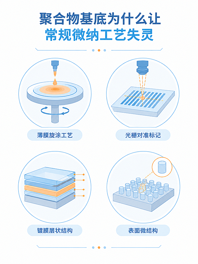 3:4竖版扁平化矢量科技插画，白底浅蓝科技配色，线条干净简洁，学术科普风，无厚重光影，不要写实渲染，不要出现人物。整体浅蓝灰色低饱和配色，蓝色为主、橙色点缀，构图清晰对称。画面中央上方有大标题文字"聚合物基底为什么让常规微纳工艺失灵"，标题下方是四个圆形图标呈2x2对称排列：左上角是薄膜旋涂工艺示意图，右上角是光栅对准标记示意图，左下角是镀膜层状结构示意图，右下角是表面微结构示意图。四个图标用浅蓝色细线勾勒，橙色点缀关键部位。整体风格简约学术，白底。