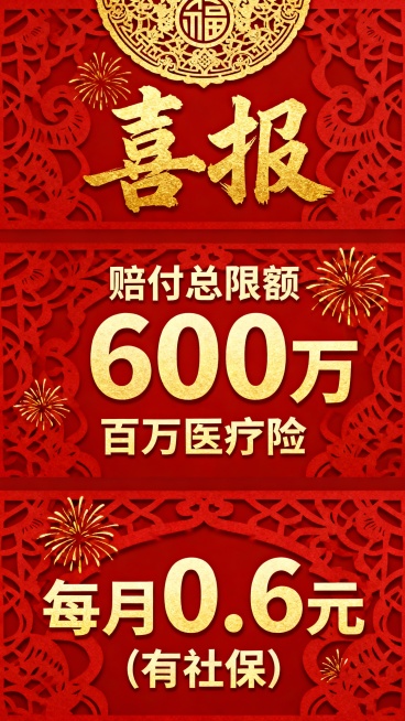 生成十张中国传统节日喜庆风格宣传海报，采用上中下三段式经典版式，最上方用书法大字写着“喜报”，占比约图片1/3，中间文字写着“赔付总限额600万”、“百万医疗险”、下方“每月0.6元（有社保）”，海报预览效果