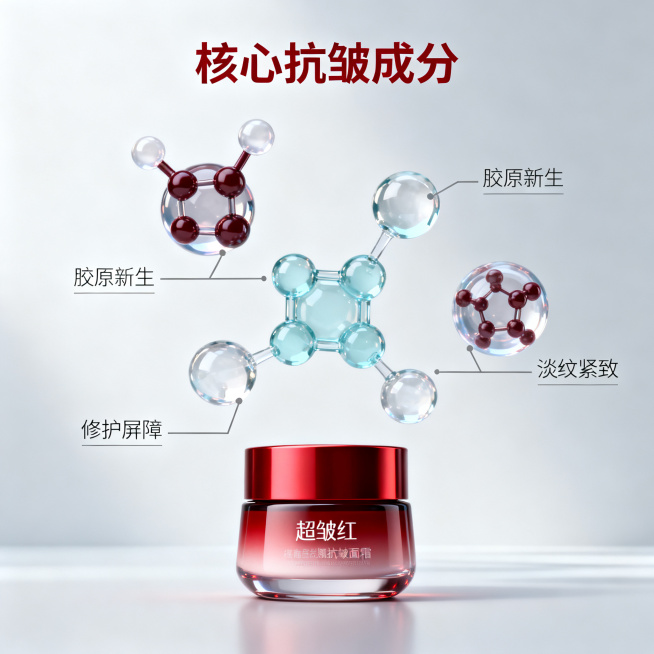 [主图 2] 核心功效成分解析，超红瓶抗皱面霜
[氛围风格] 专业科研感，纯净科技美妆风格，通透亮调
[画质] 商业高精度摄影，超写实3D渲染，画面干净高级，产品清晰真实
[元素] 超红瓶抗皱面霜放置预览效果