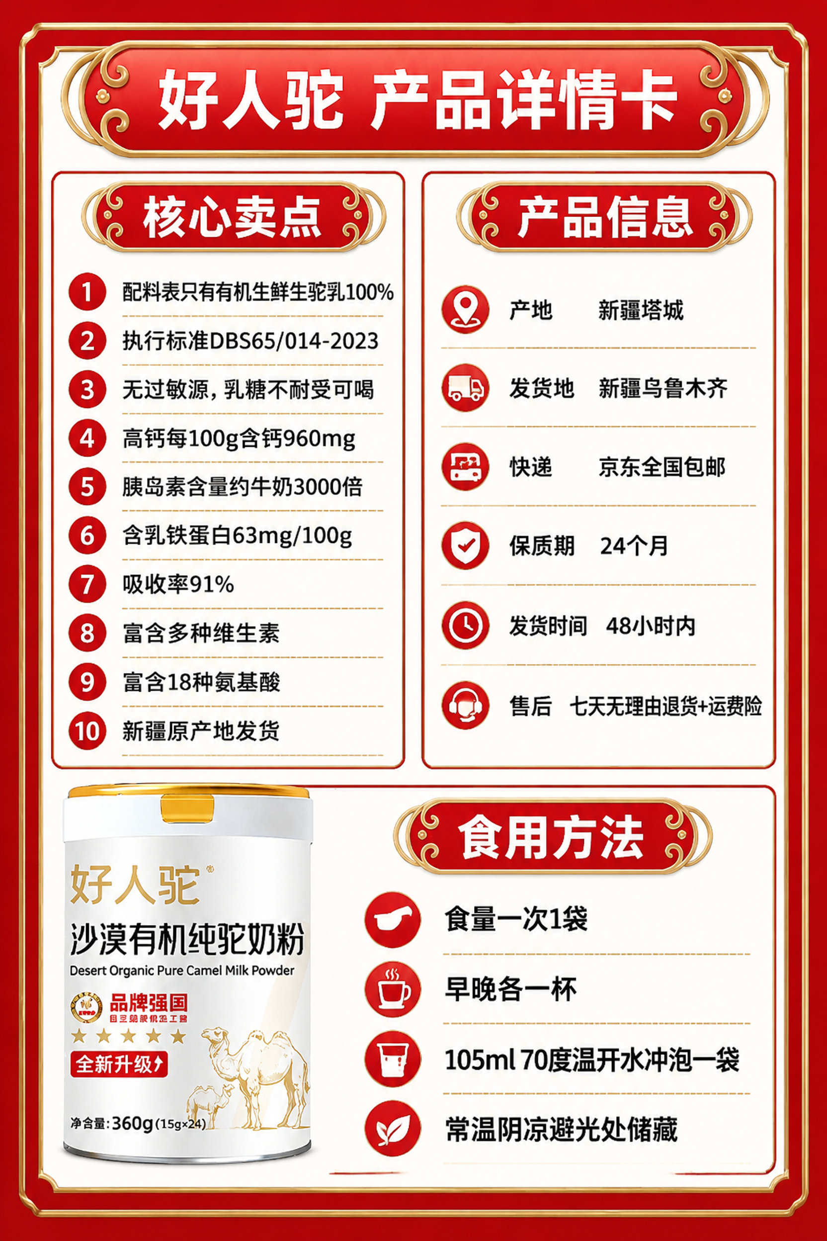 重新设计一张A4竖版（2:3比例）的好人驼驼奶粉产品详情信息卡… - 图片创意预览