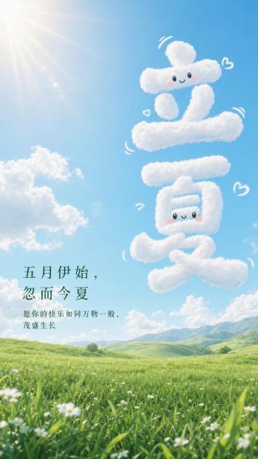 修改这张立夏节气海报：将绿色草坪部分拉大，占整个画面的三分之一；将右侧云朵质感的"立夏"两个大字调整得更加可爱俏皮；在左下角小字"五月伊始，忽而今夏"的下方添加一句新的小文案"愿你的快乐如同万物一般，预览效果