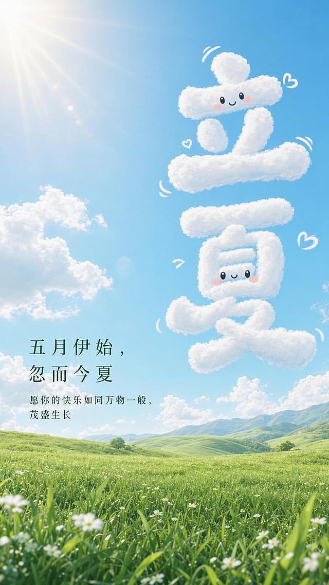 修改这张立夏节气海报：将绿色草坪部分拉大，占整个画面的三分之一；将右侧云朵质感的"立夏"两个大字调整得更加可爱俏皮；在左下角小字"五月伊始，忽而今夏"的下方添加一句新的小文案"愿你的快乐如同万物一般，茂盛生长"；保留原有的浅蓝色天空、阳光和白云背景