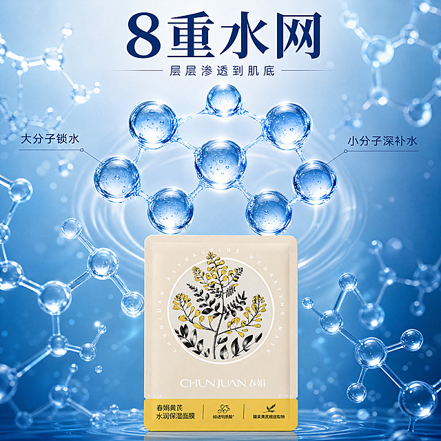 一、核心卖点提炼（用于画面文案）
维度	卖点关键词	消费者利益点（一句话）
成分1	九寨沟高原黄芪 + 膜荚黄芪根提取物	经典国货，高原黄芪养肤，温和修护
成分2	8D透明质酸（8种玻尿酸）	大/中/小分子+交联聚合物，层层渗透，立体水润
成分3	烟酰胺 + 牡丹根水 + 银耳提取物	保湿同时提亮肤色，匀净透亮
膜布	轻薄贴肤，舒适透气	像“隐形”一样服帖，精华不滴落
使用感	深层补水，润泽保湿	敷完水润嘭弹，干燥起皮一抹平
品牌	成都蓝风集团，春娟老牌国货	几十年口碑，品质安心
安全	无酒精/无传统防腐剂体系	敏感肌可试，温和不刺激
核心差异点：“黄芪+8D玻尿酸” 是春娟独有的记忆点，建议重点突出。

二、5张主图设计方案（拼多多首图轮播）
主图要求：白底或浅色背景，大字突出核心利益，促销氛围可加“券”“限时”标签。

主图序号	展示内容	主文案（大字）	辅助小字/图标	视觉建议
主图1	产品正面包装 + 面膜展开一片	春娟黄芪水润保湿面膜
8D玻尿酸 + 高原黄芪	深层补水 · 润泽保湿	浅绿/金色调，产品居中，左上角春娟LOGO，底部一片面膜淌水珠
主图2	膜布特写（手指托起，透光可见）	轻薄如隐形
贴肤0距离	透气不闷痘 · 精华不滴落	微距镜头，光线透膜布，背景柔雾
主图3	8D透明质酸成分图标（8个小水滴）	8重水网
层层渗透到肌底	大分子锁水+小分子深补水	蓝色系渐变，分子结构示意+水滴扩散动画感
主图4	黄芪+烟酰胺成分组合（植物+分子球）	黄芪养肤 + 烟酰胺提亮	去黄气 · 敷出水光感	左边黄芪植物图，右边发光肌肤对比
主图5	品牌信任 + 九寨沟原产地icon	九寨沟高原黄芪
成都蓝风集团 国货老牌	安心配方 · 温和不刺激	雪山/黄芪田背景，产品+认证标志（如“川G妆网备字”）
三、5张详情图设计方案（深层转化用）
详情图建议拼长图，每张尺寸约 1080px 宽，文案清晰，多实拍和对比。

详情图序号	主题	画面内容	核心文案
详情图1	成分硬实力：8D透明质酸解析	8种透明质酸名称列表 + 渗透示意图（表皮→真皮）	1张面膜 = 8种玻尿酸
大分子锁水膜，小分子直达肌底，立体补水不表面
详情图2	黄芪+烟酰胺，保湿又亮肤	黄芪根提取物图标 + 烟酰胺焕亮图标 + 肌肤水润前后对比（模拟）	高原黄芪滋养修护，烟酰胺狙击黄气
一贴水润，再贴透亮
详情图3	膜布实测 & 舒适体验	膜布拉伸展示、贴肤实拍、精华液挂膜测试（倒置不滴）	天丝质感膜布，薄到隐形
满满25g精华，全被皮肤“吃”进去
详情图4	温和配方 & 使用方法	成分表温和关键词圈出（无酒精、无传统防腐）+ 四步用法图示	敏感肌友好配方
①洁面 ②敷15-20分钟 ③揭下按摩 ④清水洗净
详情图5	国货口碑 + 资质保障	春娟品牌故事（成都蓝风集团）、九寨沟原料合作、备案编号、真人好评语录	37年国货品牌，百万回购
川G妆网备字2024002544
买得放心，敷得安心「图片1」「图片1」
