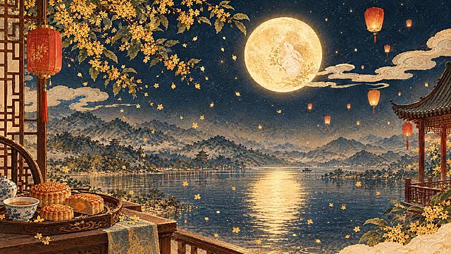 将图片调整为16:9横版比例，保持原画面中秋主题与构图完整，保留所有元素：满月玉兔、桂花枝、飘落桂花、中式灯笼、孔明灯、祥云、远山、湖面月影、月饼、中式窗棂、古亭、宣纸金箔质感、暖月光氛围，画面自然延展适配宽幅，构图平衡自然，不改变比例为16:9