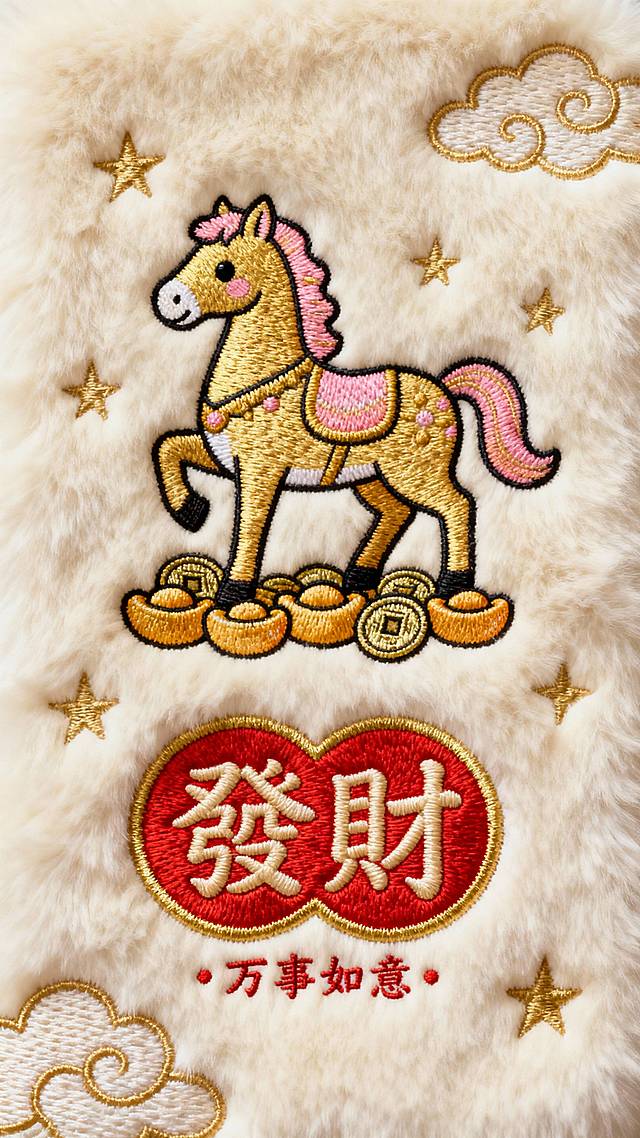 一幅以发财为主题的毛绒质感刺绣壁纸，整体采用米白色毛绒布料为背景，主体是一只色彩鲜艳的卡通风格金色骏马，并点缀金、粉色渐变装饰，马的脚下绣有元宝、铜钱等元素。下方是红色的“發財”二字，采用圆润可爱的字体，非书法体，边缘绣金色的轮廓线。文字周围小标题“万事如意”。点缀金色的祥云、星星等元素。