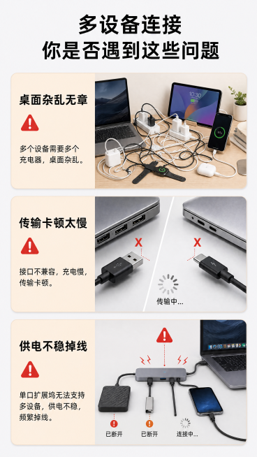 [第2屏] 痛点直击，展示多设备使用集线器的传统痛点。无需产品主体，使用场景化表达。[氛围/风格] 浅灰问题场景风格，清晰排版，对比明显，移动端可读。[元素布局] 画面分为三个问题卡片，从上到下排列，预览效果