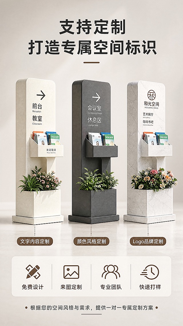 [商品] 使用【图1】多功能立式导视牌花箱（带资料架）；保留产品基础结构，展示不同颜色/文字定制效果；产品上的导视文字可示意性展示不同内容，体现可定制性。
[画面] 页面目标：定制服务展示，突出产品可个性化定制。构图：上下布局，上方主标题+产品展示，下方定制选项展示；主体位置：上中部展示3款不同定制效果的产品并排；主体占比约50%；景别：中景；阅读动线：从上至下，先看定制效果再看定制说明；前中后景：前景产品组合、中景定制选项图标、后景浅渐变背景；场景：浅暖灰渐变背景，突出不同定制款式。
[视觉] 套系策略：风格=现代简约商务高级商业摄影；标题字=思源黑体粗体；正文字=思源黑体常规；主色=米白暖灰；背景延展=基于米白暖灰做深浅层级、同色渐变和细腻石材/哑光金属质感；强调色=深咖棕，仅用于小面积图标、引线和标签；标题色=深炭灰；正文色=中暖灰；组件=圆角浅底信息卡、细线引线、简约图标；光影=正面均匀柔光，各款产品清晰展示。
[文字] 顶部主标题「支持定制 打造专属空间标识」；下方3款产品分别标注：「文字内容定制」「颜色风格定制」「Logo品牌定制」；底部配4个定制服务图标+文字：「免费设计」「来图定制」「专业团队」「快速打样」。加一行说明：「根据您的空间风格与需求，提供一对一专属定制方案」。
[规格] 图片比例9:16竖版，4K分辨率，负向提示：避免变形、错字、文字过小、产品颜色改变、结构失真、极限词、二维码、水印、虚假承诺。