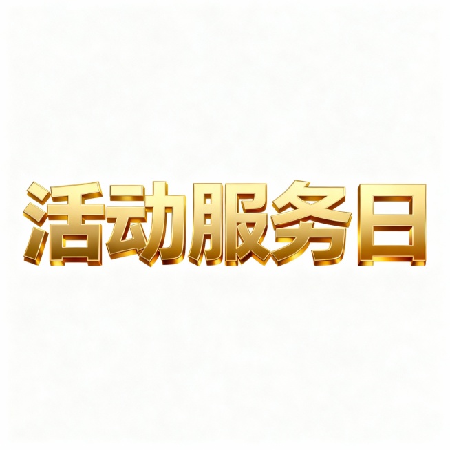 "活动服务日"这几个字帮我做一个渐变土豪金 立体效果字   不要底色  一排整齐排列预览效果