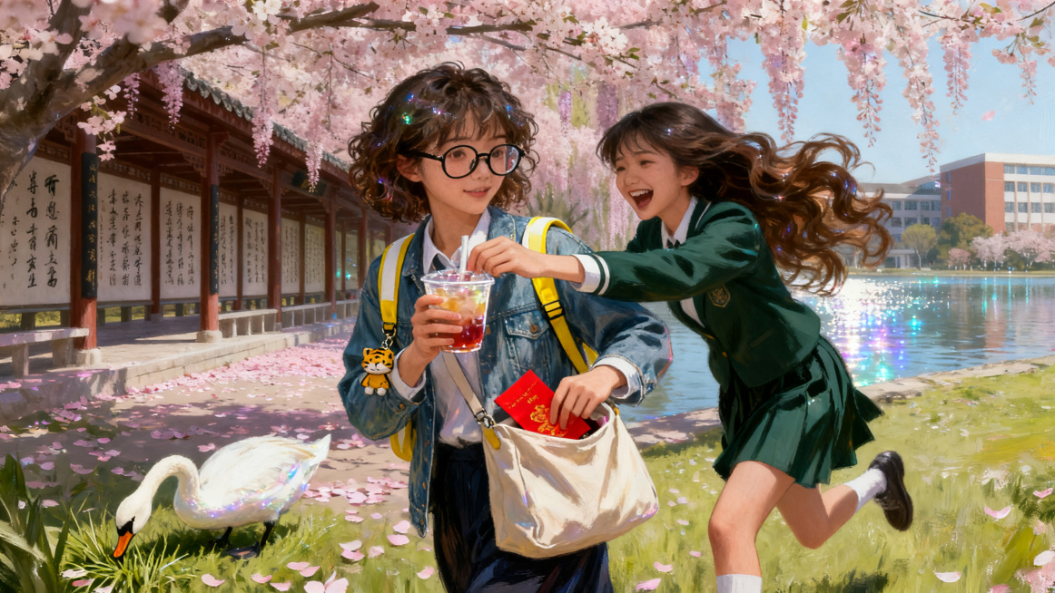 春天垂丝海棠花树下，中景，明快写实色调，张瑶从后面跑过来，把冰粉塞到林晓手里，把红包塞进林晓的帆布包，笑着喘气，两个女孩同框，小天鹅在旁边啄草，保留林晓和张瑶原有的相貌特征，林晓：短卷发戴黑框眼镜，牛预览效果