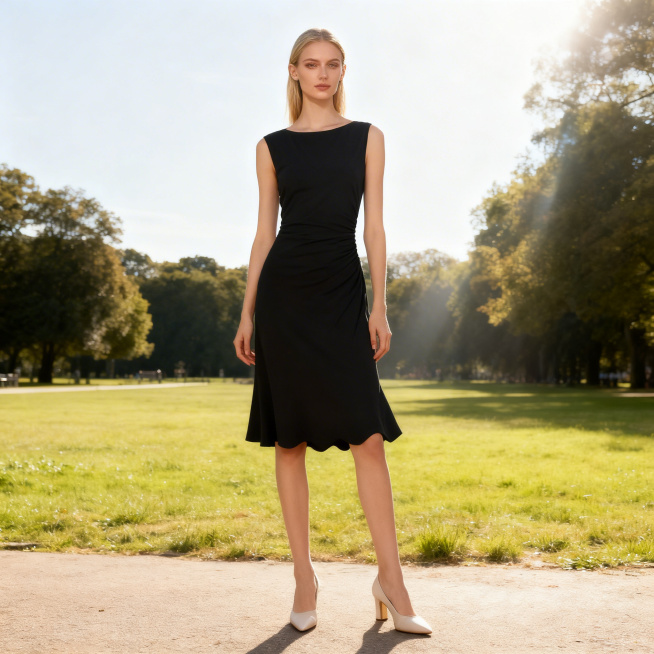 将这件黑色无袖收腰连衣裙穿在一个五官精致立体的乌克兰模特身上，身高168cm身材比例修长，纤瘦唯美，严格保留服装原本颜色、款式和长短比例不变，穿着动作自然，模特站在大自然户外公园草地远景风光中，225预览效果