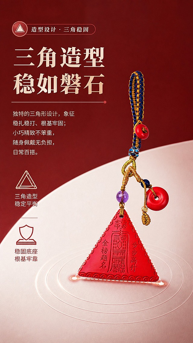 淘宝天猫电商详情页卖点图，9:16竖版，高级渐变白红纸质背景，酒红渐变调，风格统一。卖点主题：造型设计·三角稳固。画面展示朱砂三角令牌整体造型，突出三角形轮廓。文字：大标题"三角造型 稳如磐石"，正文"独特的三角形设计，象征稳扎稳打、根基牢固；小巧精致不笨重，随身佩戴无负担，日常百搭"，配三角形几何图标和稳固底座图标。简约高级排版，符合天猫规则。
