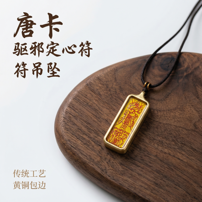 [主图 1] 唐卡驱邪定心符吊坠产品首图
[氛围/风格] 国风禅意，传统文玩质感，高级自然光影，突出产品品质
[画面元素] 保持原吊坠产品外形完全不变，吊坠放在带有天然纹理的深胡桃木色桌面上，背景简洁预览效果