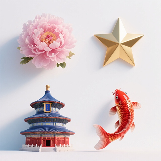 4个物品组合。第一个：牡丹花；第二个：金色星星（五边形，五个角)；第三个：天坛；第四个：红锦鲤。白色背景，上下两行，排列整齐