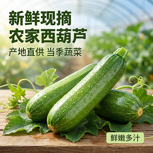 [主图 1] 新鲜西葫芦大棚直采首图。
[氛围风格] 清新自然，新鲜田园风
[画质] 商业摄影质感、光线柔和通透、产品清晰真实、画面干净高级。
[元素] 两颗带藤蔓叶片的新鲜翠绿西葫芦居中摆放，藤蔓自然舒展，叶片翠绿鲜亮，西葫芦表皮翠绿带浅色斑点，光泽水润新鲜。背景是虚化的大棚种植场景，带朦胧绿意。保持西葫芦产品外观（即物理结构、形状、颜色、表皮纹理）与输入产品图绝对一致，杜绝任何变形和色差，精细化处理。商品主体占比严格控制在 65%左右，画面满屏无边框。
[光影] 自然光从左侧斜射，柔和清新，西葫芦表面高光水润，叶片明暗层次自然，背景虚化柔和不抢主体。
[配色] 主色调是清新自然的绿色，背景浅灰蓝调衬托产品。
[视角构图] 平视角度，景深适中，主体完整居中不裁切。
[文字版式] 左上角负空间左对齐留安全边距，主标题 "新鲜现摘 农家西葫芦" 深绿色最大号粗体无衬线；副标题 "产地直供 当季蔬菜" 约半高，同色系浅一点。右下角小标签标注 "鲜嫩多汁" 浅绿底深字。
[比例分辨率] 1:1 比例，2k 分辨率；文字清晰锐利，画面超高清。
[负向提示词] 变形，水印，文字错乱，产品图模糊，背景杂乱，枯萎，发黄，污渍