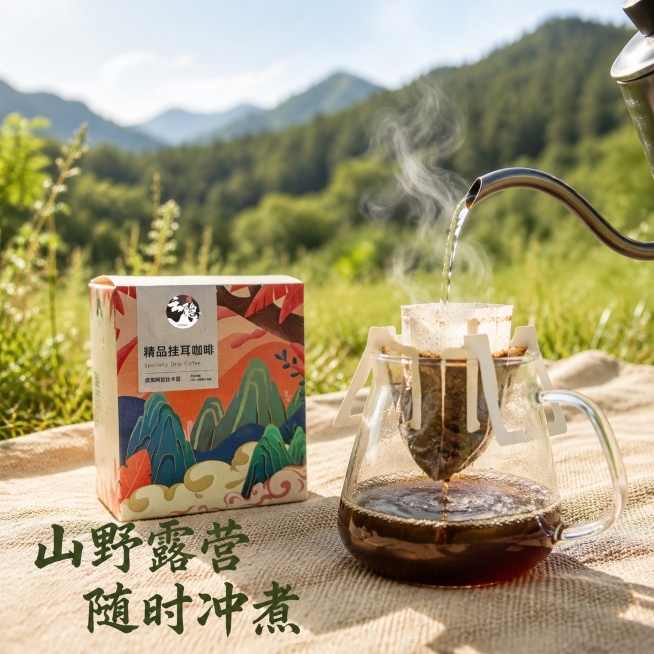 [主图-3] 精品挂耳咖啡多场景使用展示
[氛围风格] 治愈户外山野场景，自然松弛氛围感
[画质] 商业摄影质感、光线柔和通透、产品清晰真实、画面干净高级
[元素] 精品挂耳咖啡拆开一包挂耳咖啡，挂在预览效果