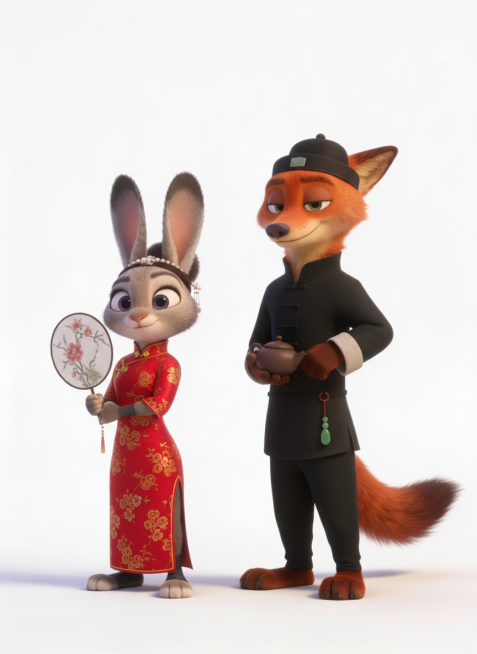 更改兔子朱迪和狐狸尼克的服装、配饰以及手上的东西，除此之外其他细节和参考图保持一致，包括动作、表情等细节。生成20张图，每张图的服装配饰和手上的东西都要不一样预览效果