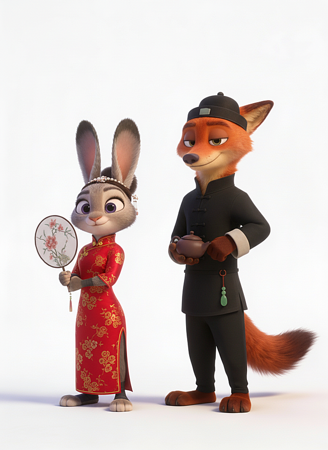 更改兔子朱迪和狐狸尼克的服装、配饰以及手上的东西，除此之外其他细节和参考图保持一致，包括动作、表情等细节。生成20张图，每张图的服装配饰和手上的东西都要不一样