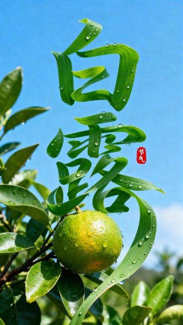 绿色叶片拉长扭曲变形成”白露” 二字，叶片上有晶莹的露珠点缀。背景是一片晴朗的蓝天，画面中穿插着带有绿叶和水珠的新会柑树，营造出清新自然的氛围。“白露” 文字位于图像的中上部，红色小印章”节气“点缀，预览效果