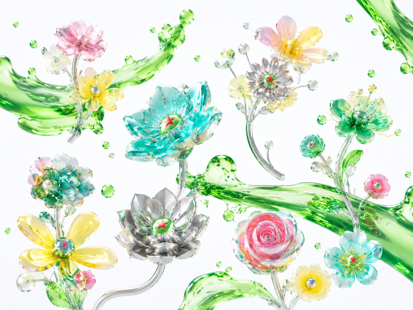 白底背景，画面适量留白，金属质感发光花朵，科技风格，不同形态的… - 图片创意预览