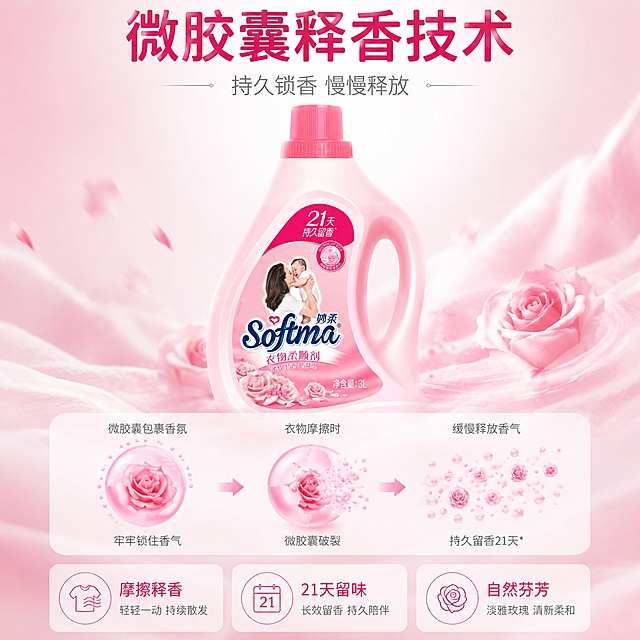 [主图-2] 微胶囊释香技术核心效果展示
[氛围风格] 干净可信，轻科技感，温馨真实
[画质] 商业摄影质感，光线通透，细节清晰，画面干净高级
[元素] 妙柔淡雅玫瑰衣物柔顺剂居中放置，产品主体保持原外观结构颜色完全一致，无变形色差。中部绘制微观原理示意图，展示微胶囊包裹玫瑰香氛，随着衣物摩擦缓慢释香，周围搭配柔和粉色扩散光效。保持整体画风统一，不突兀
[光影] 柔和棚拍自然光，均匀打亮产品和示意图，光线干净无硬阴影
[配色] 主色调浅粉+白色，辅助色浅紫柔光
[视角构图] 产品主体居中，示意图在产品下方，整体版式简洁，层次分明，产品占比约60%
[文字版式] 顶部大标题 "微胶囊释香技术"，深粉色粗体；副标题 "持久锁香 慢慢释放"，浅灰色细体。底部三张小卡片分别标注：「摩擦释香」「21天留味」「自然芬芳」，清晰展示核心技术优势。文字排版清晰，不遮挡产品主体
[比例分辨率] 1:1 比例，4k分辨率，超高清，文字清晰
[负向提示词] 变形，文字错乱，产品模糊，背景杂乱，水印，电商平台Logo，重科技风，过度夸张特效