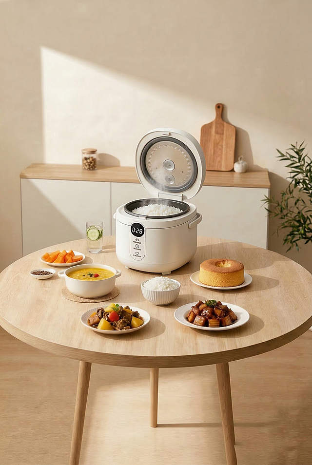 把桌子上右上角的米饭移动到桌子前面的蘸料碟的位置，并去除那个蘸料碟，保持整体画面风格和光影不变