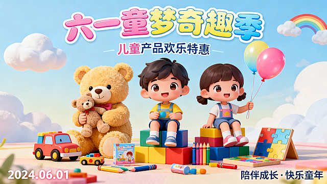 61儿童节海报，主题：儿童产品。要求一张横版一张竖版