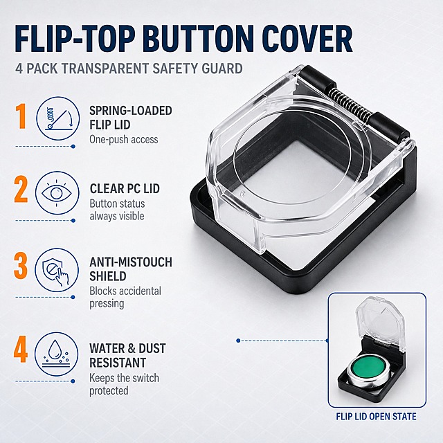 [主图-2] 4 Pack Flip-Top Button Protective Cover, Transparent Waterproof Anti-Mistouch Safety Guard for 22mm Emergency Stop Elevator Cabinet Control Panel Switches。唯一任务：核心卖点导图，讲清翻盖取用、透明可视、防误触、防水防尘四条能力，并给出翻盖开启的取用证据。
[统一基调] 统一基调：Amazon 跨境工业类目统一视觉——冷感浅灰渐变底 #EEF2F6 至 #FFFFFF 由边缘向中心渐亮，产品底部投入式柔和接触阴影；主标题为深海军蓝 #14304A 粗体几何无衬线体（Inter Bold 观感），辅助说明为缩小 50% 的中灰 #6B7683 同族无衬线体；强调色亮蓝 #1E7FBF 用于细线与图标描边，数据高亮用橙色 #F08A24；组件样式为 1px 浅灰描边的细线圆角参数卡、线性图标、局部放大窗配英文小标签；整体为干净规整的工业 infographic 质感，不用厚重色块底板、大面积通栏与装饰边框。
[画面] 右侧 60% 陈列单件保护罩，45° 侧俯视角、罩体半开，露出内部结构与金属弹簧铰链；左侧 40% 为竖排编号卖点清单，与右侧主体顶端对齐；右下角一个细线圆角局部放大窗，窗内展示罩体完全翻开后内部按钮可取用的状态；背景为中浅灰渐变并叠加极淡工业网格纹理，无装饰边框；产品占画面约 68%，外观、结构、材质与输入图完全一致，底座与罩体连接关系真实不穿模。
[光影质感] 影棚柔光加侧逆光勾勒罩体折面高光，弹簧为冷亮金属点光，底座磨砂面柔和过渡，接触阴影轻贴底部，透明罩体通透不发灰。
[配色] 沿用统一基调：浅灰渐变底、深海军蓝标题、橙色数据高亮、亮蓝细线，无其他杂色。
[文字版式] 左上两行主标题：深海军蓝粗体 "FLIP-TOP BUTTON COVER"，下方缩小 50% 中灰副标 "4 PACK TRANSPARENT SAFETY GUARD"；左列四条编号卖点，编号为橙色大号数字，正文为同族无衬线中灰，全部英文横排、无逗号、词组断行："1 SPRING-LOADED FLIP LID / One-push access"、"2 CLEAR PC LID / Button status always visible"、"3 ANTI-MISTOUCH SHIELD / Blocks accidental pressing"、"4 WATER & DUST RESISTANT / Keeps the switch protected"；局部放大窗下方小号标签 "FLIP LID OPEN STATE"。
[输出要求] 1:1 方图，文字清晰不遮挡罩体，放大窗内容与主体一致；负向：变形、错字、模糊、杂乱、水印、平台 Logo、中文文字、多余手指、畸形手。
