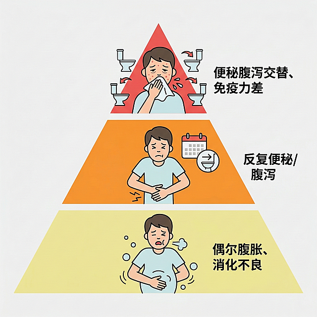 信息图表，三层金字塔结构，底层淡黄色，画着腹胀打嗝的人，文字标签"偶尔腹胀、消化不良"；中层橙色，画着捂着肚子的人，旁侧有日历和马桶标识，文字标签"反复便秘/腹泻"；顶层红色，画着疲惫长痘打喷嚏的人，周围有交替马桶标志，文字标签"便秘腹泻交替、免疫力差"，线条简洁，科普风格，浅灰色背景，矢量插图