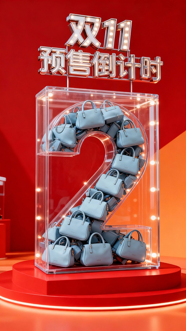 3D立体数字“2”内嵌浅蓝手袋，透明箱体搭配霓虹灯效，科技感与时尚感交融，塑料质感强化视觉冲击，双11预售倒计时主题鲜明。