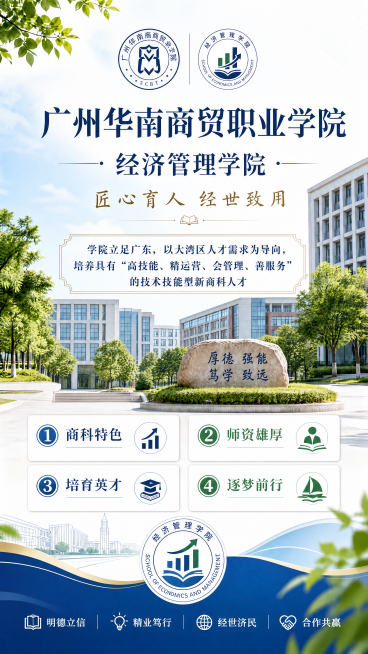 修改现有广州华南商贸职业学院经济管理学院宣传海报，新增办学定位文案：学院立足广东，以大湾区人才需求为导向，培养具有"高技能、精运营、会管理、善服务"的技术技能型新商科人才，保留原有全部校徽logo、标预览效果