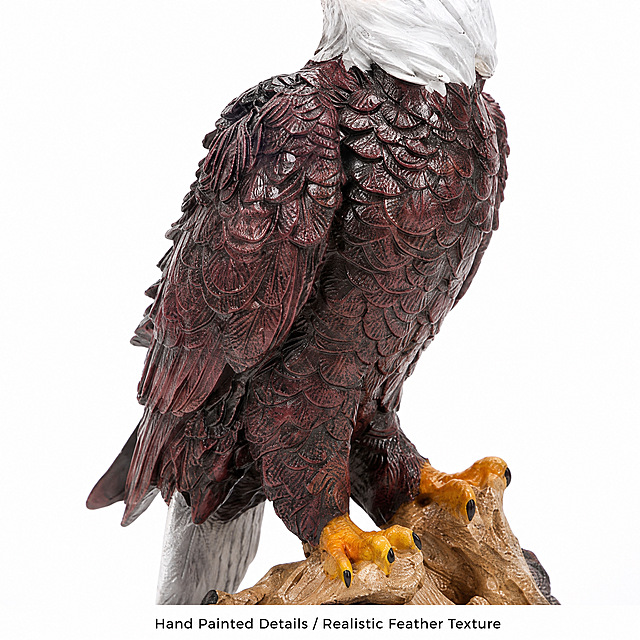 [Main Image 2] Closeup of bald eagle statue hand painted feathers. Keep product same as input. Focus on feather texture, claws, realistic hand painted details. 80% of frame, full screen. Text at bottom: "Hand Painted Details / Realistic Feather Texture", all English. 1:1 2048px 2K commercial macro. Negative prompt: deformation, watermark, blur.