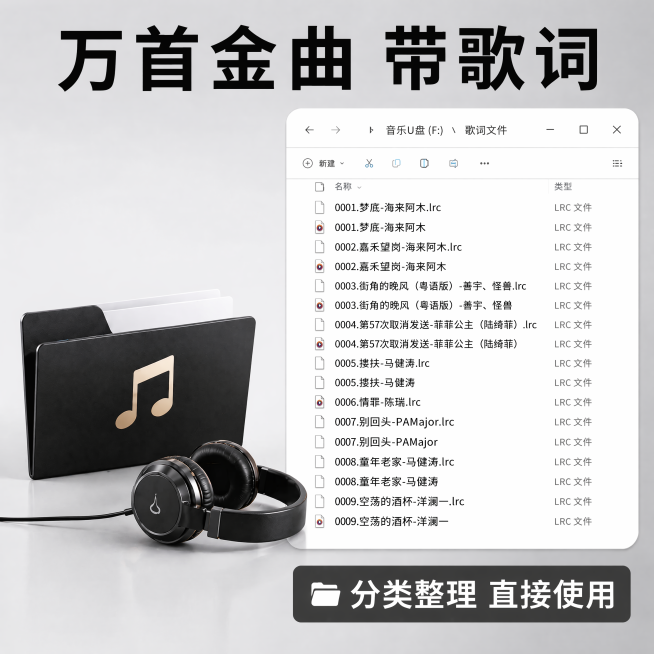 [主图-4] 内容资源展示主图，展示U盘内置整理好的音乐歌词文件。
[氛围风格] 清晰直观展示内容优势，实用通透风格，色彩明快鲜艳。
[画质] 商业摄影质感，清晰真实，画面干净通透，超高清分辨率。
[预览效果