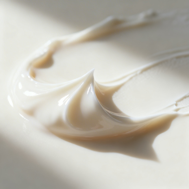 MIYOO面霜细节特写图，奶白风，纯图布局无文案。微距视角极度贴近面霜膏体，展示其细腻清透的乳霜质地，侧光从左侧45度打入，在膏体表面形成柔和高光，凸显丝滑水润的纹理。背景浅景深虚化为奶白色渐变，膏体预览效果